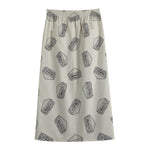 Grey Doodle Sandwich Pattern Print Cotton Front Slit Maxi Skirt