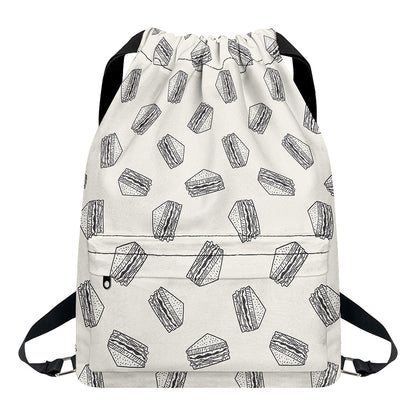 Grey Doodle Sandwich Pattern Print Drawstring Backpack