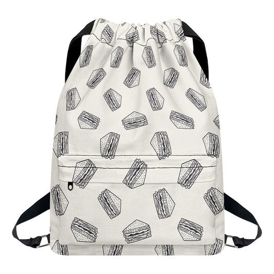 Grey Doodle Sandwich Pattern Print Drawstring Backpack
