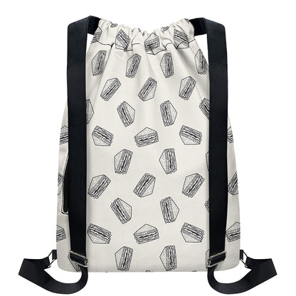Grey Doodle Sandwich Pattern Print Drawstring Backpack