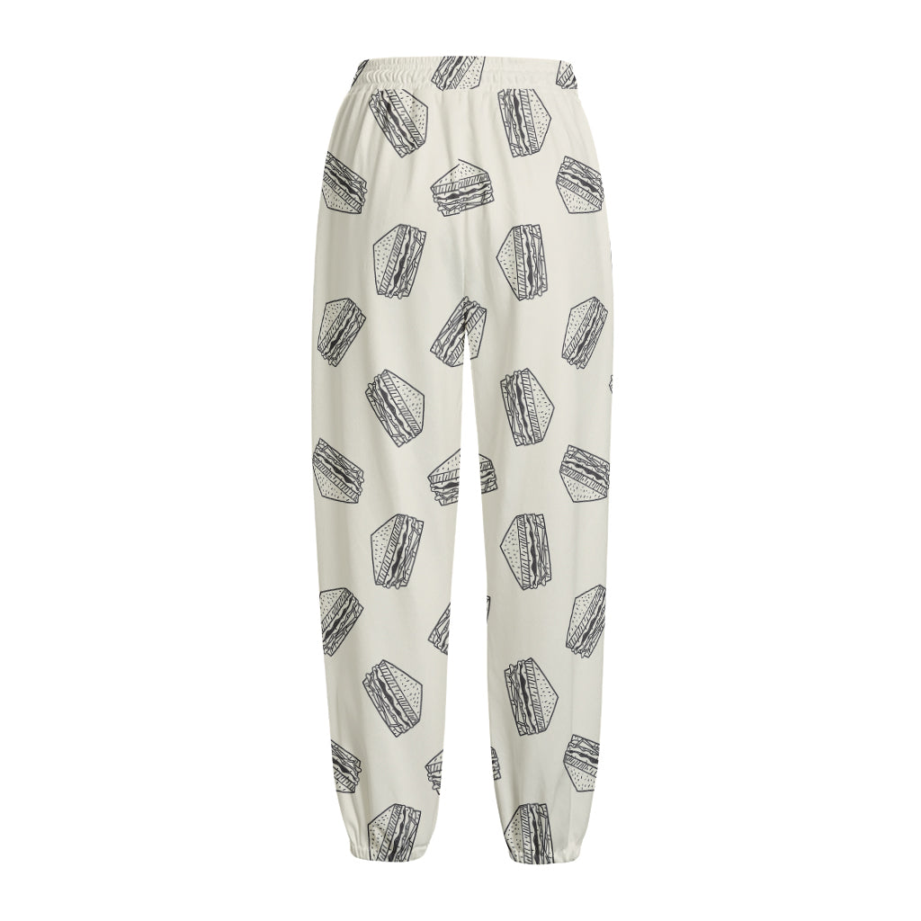 Grey Doodle Sandwich Pattern Print Fleece Lined Knit Pants