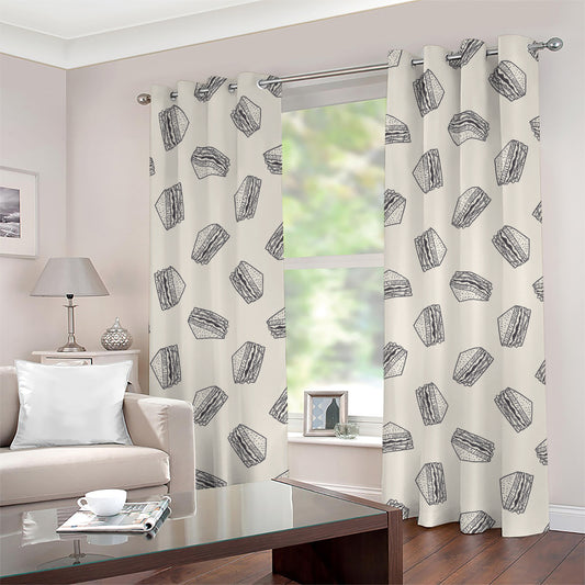 Grey Doodle Sandwich Pattern Print Grommet Curtains