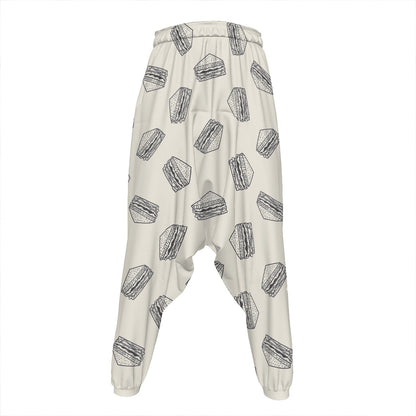 Grey Doodle Sandwich Pattern Print Hammer Pants