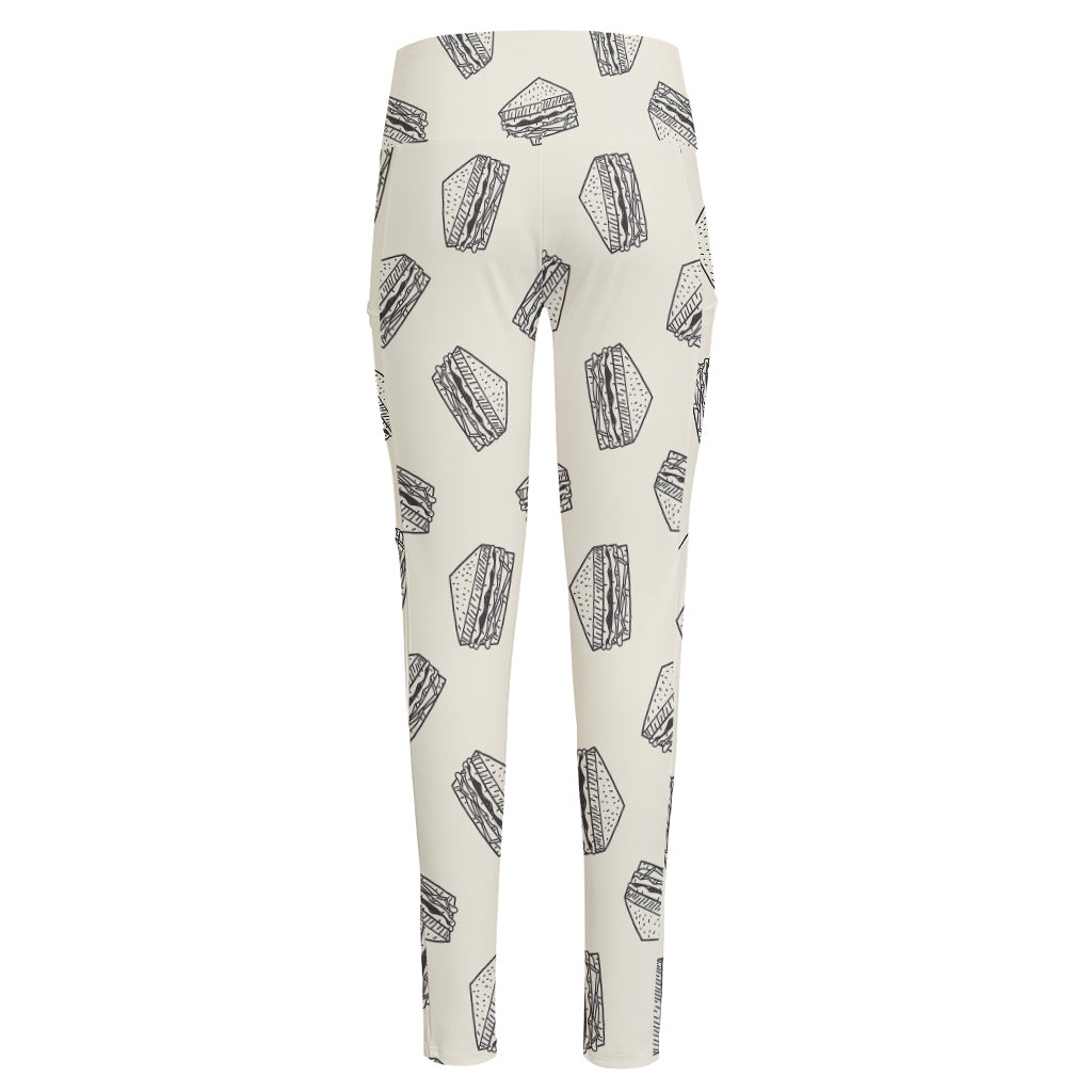 Grey Doodle Sandwich Pattern Print High-Waisted Pocket Leggings