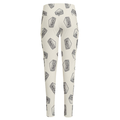 Grey Doodle Sandwich Pattern Print High-Waisted Pocket Leggings