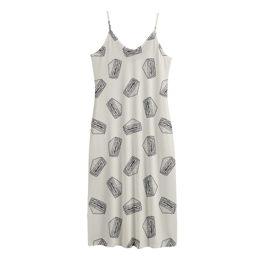 Grey Doodle Sandwich Pattern Print Jersey Midi Cami Dress