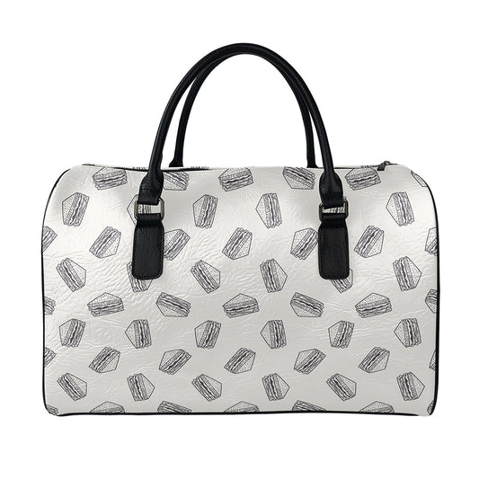 Grey Doodle Sandwich Pattern Print Leather Duffle Bag