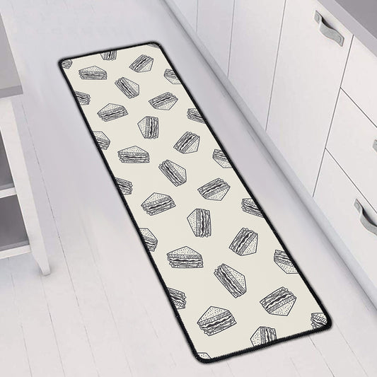 Grey Doodle Sandwich Pattern Print Long Kitchen Mat