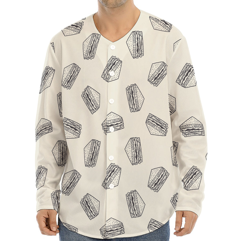 Grey Doodle Sandwich Pattern Print Long Sleeve Baseball Jersey