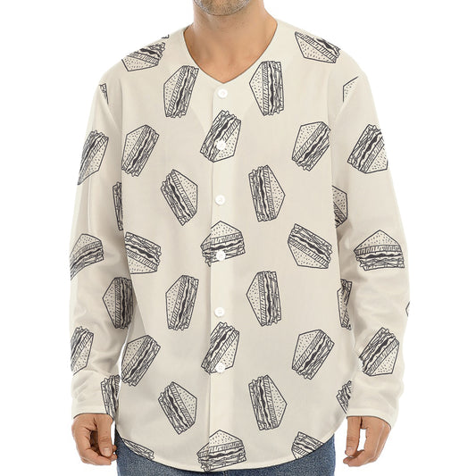 Grey Doodle Sandwich Pattern Print Long Sleeve Baseball Jersey