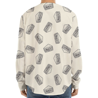 Grey Doodle Sandwich Pattern Print Long Sleeve Baseball Jersey