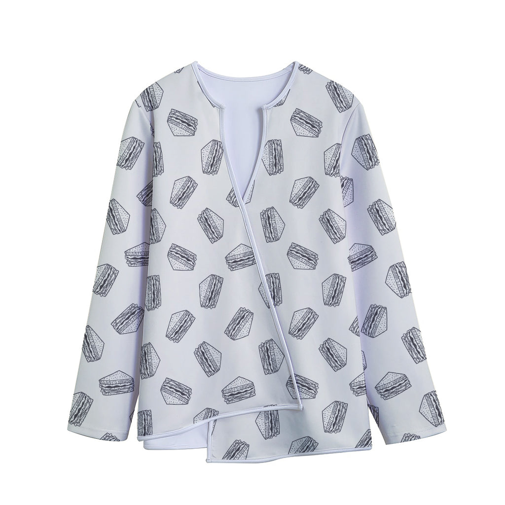 Grey Doodle Sandwich Pattern Print Long Sleeve Short Coat