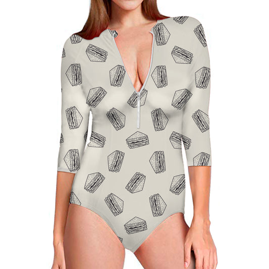 Grey Doodle Sandwich Pattern Print Long Sleeve Swimsuit