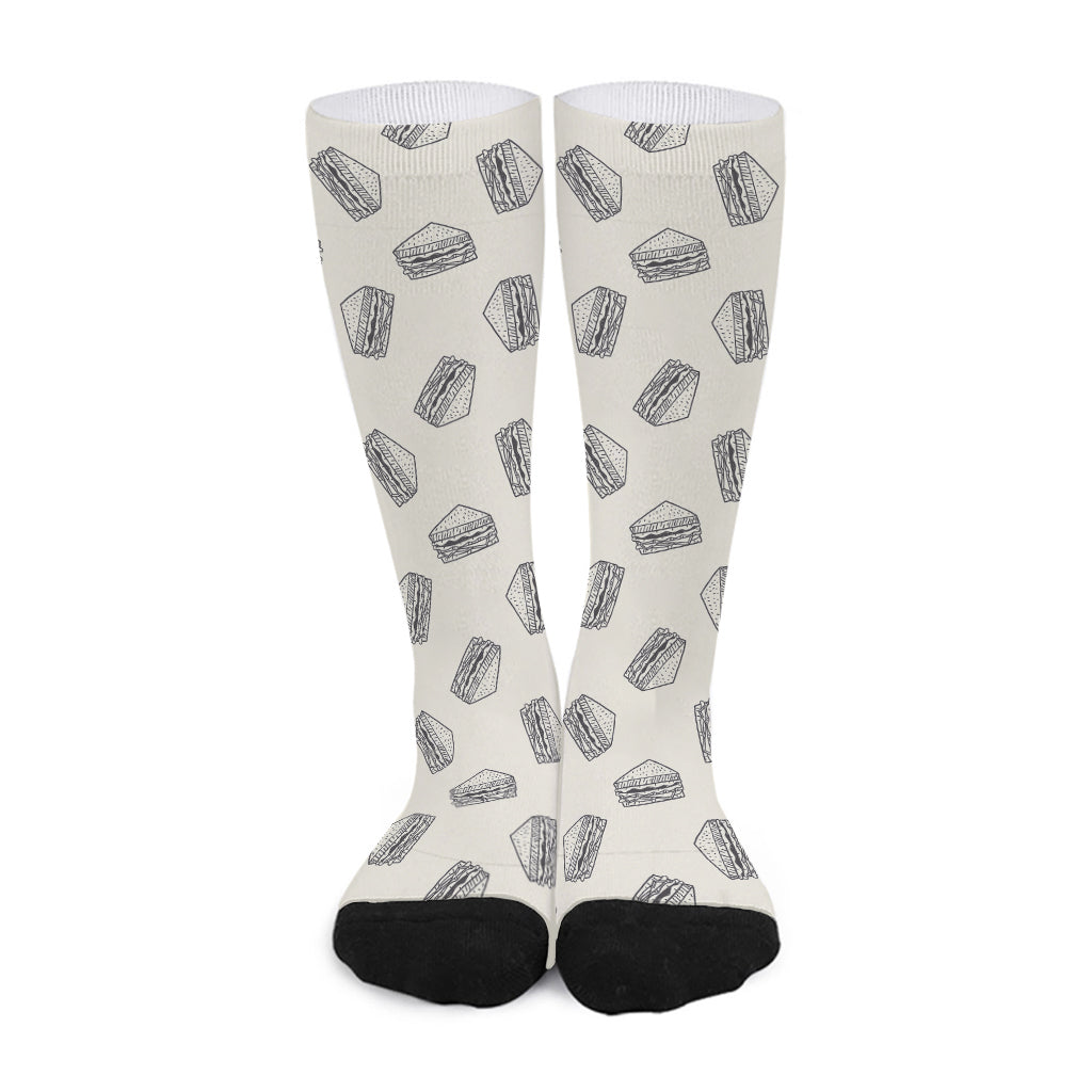 Grey Doodle Sandwich Pattern Print Long Socks