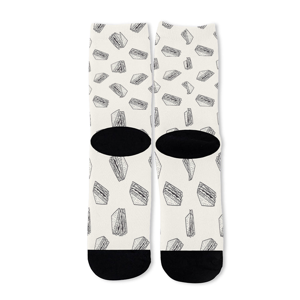 Grey Doodle Sandwich Pattern Print Long Socks