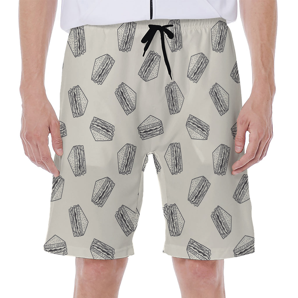 Grey Doodle Sandwich Pattern Print Men's Beach Shorts