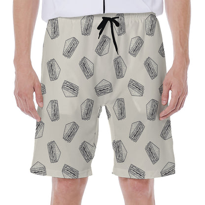 Grey Doodle Sandwich Pattern Print Men's Beach Shorts