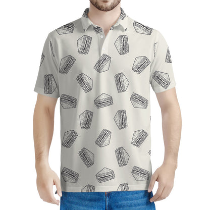 Grey Doodle Sandwich Pattern Print Men's Polo Shirt