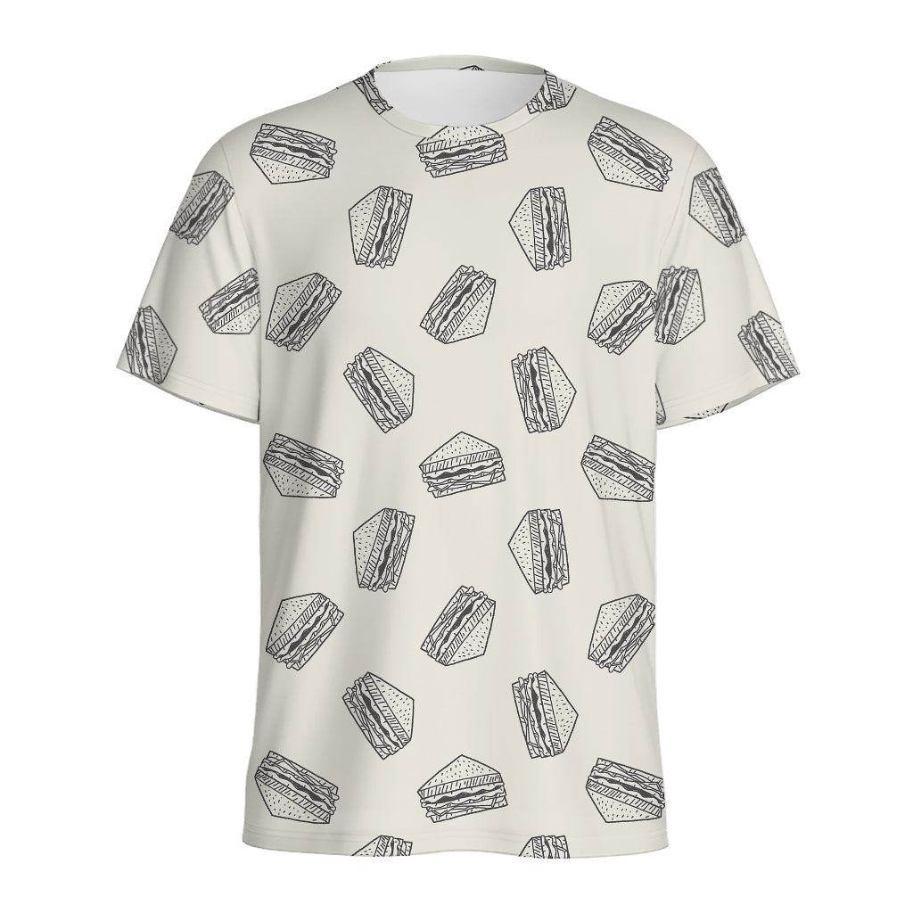 Grey Doodle Sandwich Pattern Print Men's Sports T-Shirt
