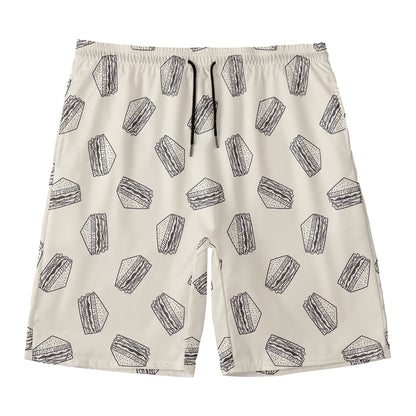 Grey Doodle Sandwich Pattern Print Men's Swim Trunks