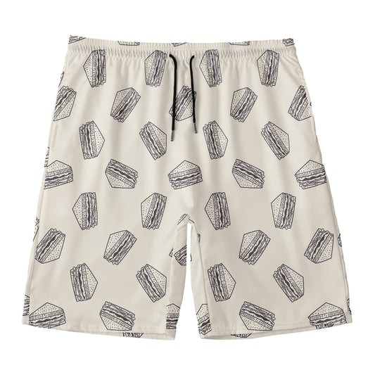 Grey Doodle Sandwich Pattern Print Men's Swim Trunks
