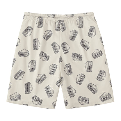 Grey Doodle Sandwich Pattern Print Men's Swim Trunks