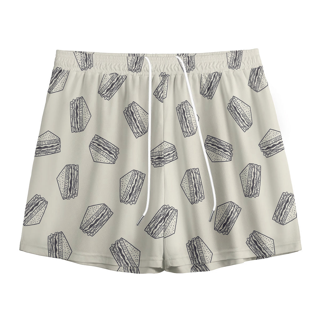 Grey Doodle Sandwich Pattern Print Mesh Shorts