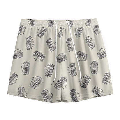 Grey Doodle Sandwich Pattern Print Mesh Shorts