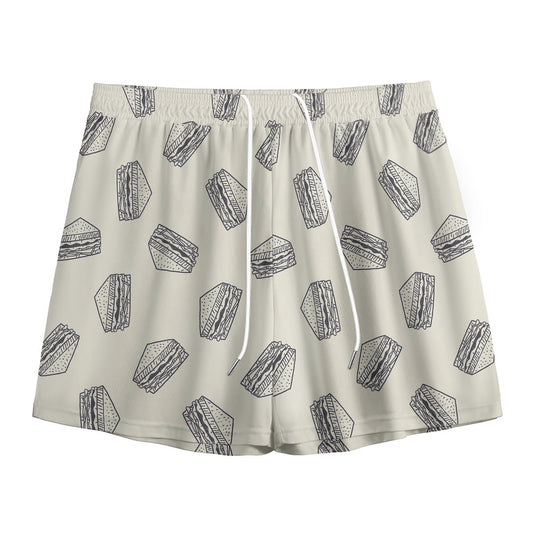 Grey Doodle Sandwich Pattern Print Mesh Shorts