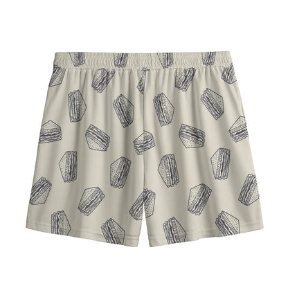 Grey Doodle Sandwich Pattern Print Mesh Shorts