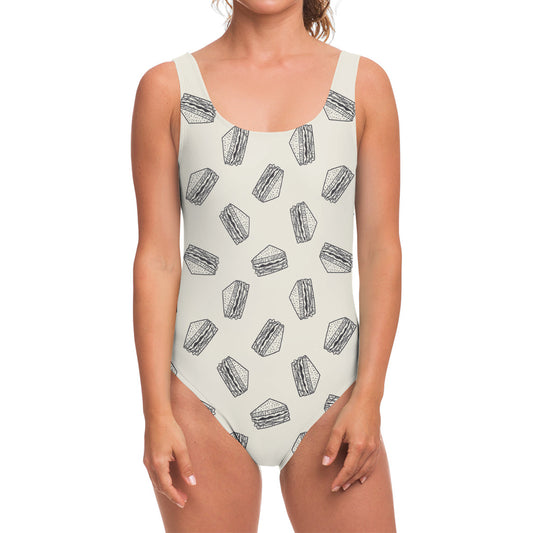 Grey Doodle Sandwich Pattern Print One Piece Swimsuit