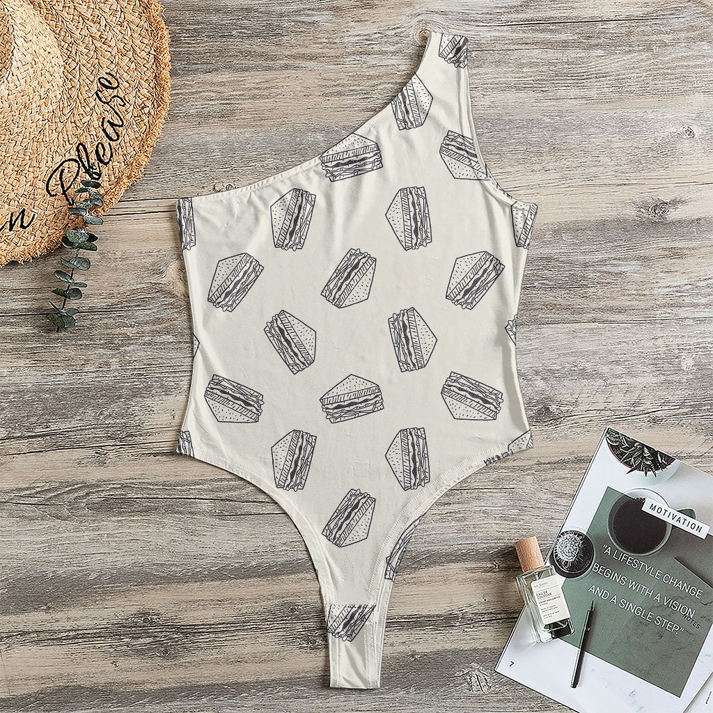 Grey Doodle Sandwich Pattern Print One Shoulder Bodysuit