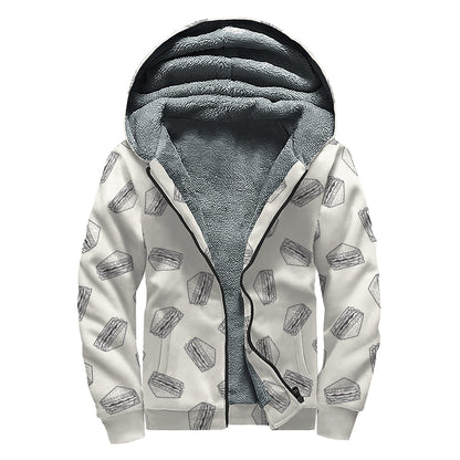 Grey Doodle Sandwich Pattern Print Sherpa Lined Zip Up Hoodie