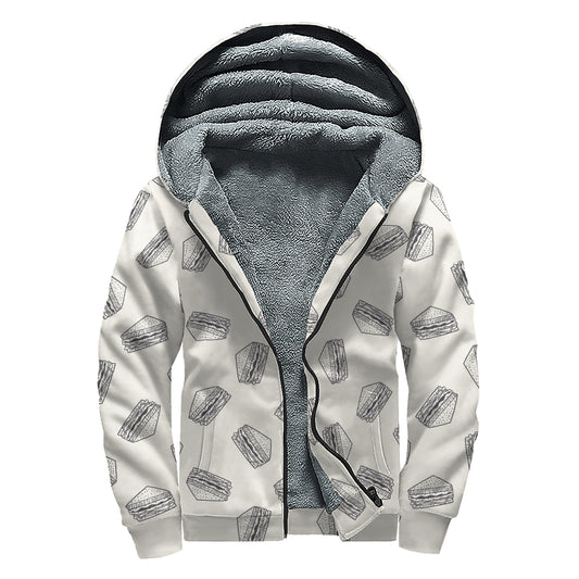 Grey Doodle Sandwich Pattern Print Sherpa Lined Zip Up Hoodie