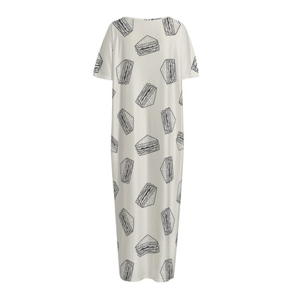 Grey Doodle Sandwich Pattern Print Short Sleeve Long Nightdress