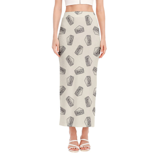 Grey Doodle Sandwich Pattern Print Side Slit Maxi Skirt
