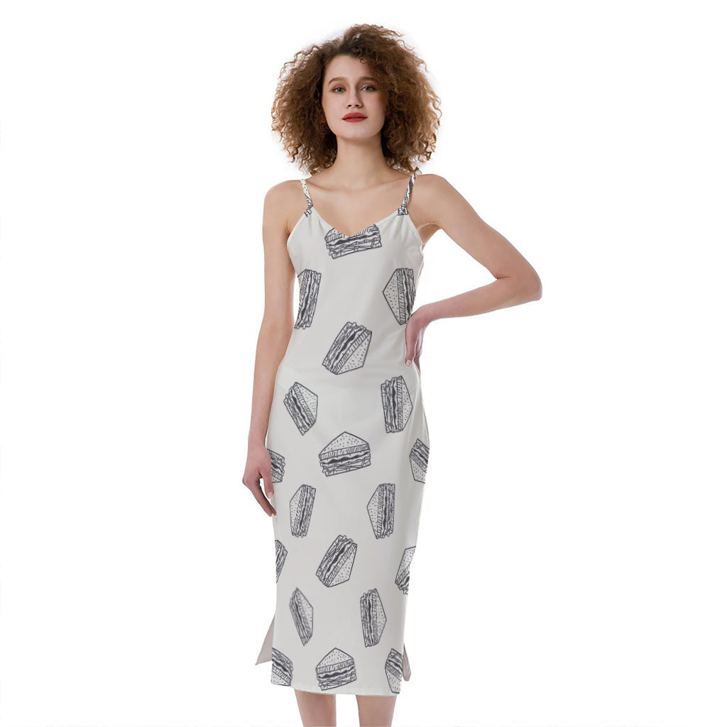 Grey Doodle Sandwich Pattern Print Slim Fit Midi Cami Dress