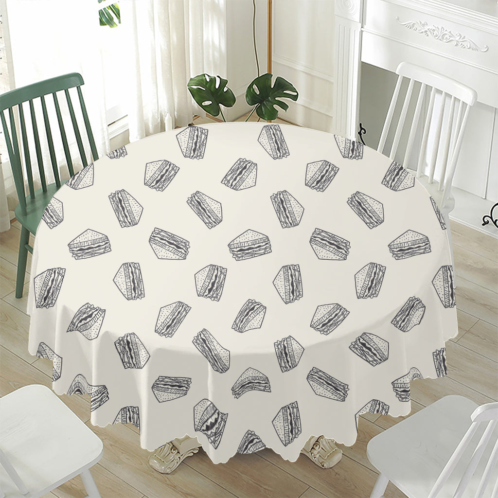 Grey Doodle Sandwich Pattern Print Waterproof Round Tablecloth