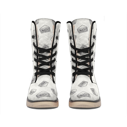 Grey Doodle Sandwich Pattern Print Winter Boots