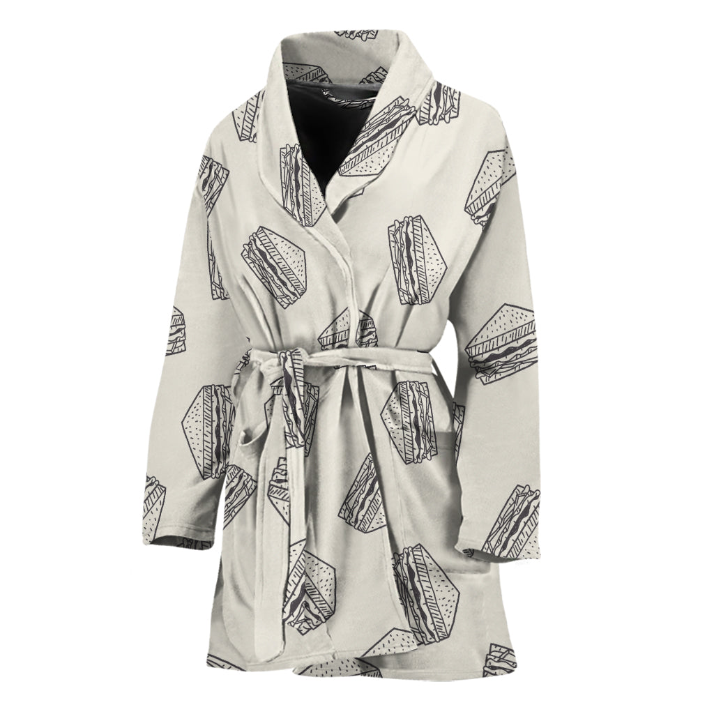 Grey Doodle Sandwich Pattern Print Women's Bathrobe