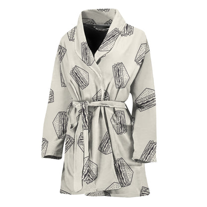 Grey Doodle Sandwich Pattern Print Women's Bathrobe