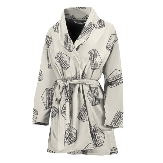 Grey Doodle Sandwich Pattern Print Women's Bathrobe