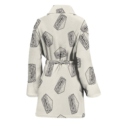 Grey Doodle Sandwich Pattern Print Women's Bathrobe