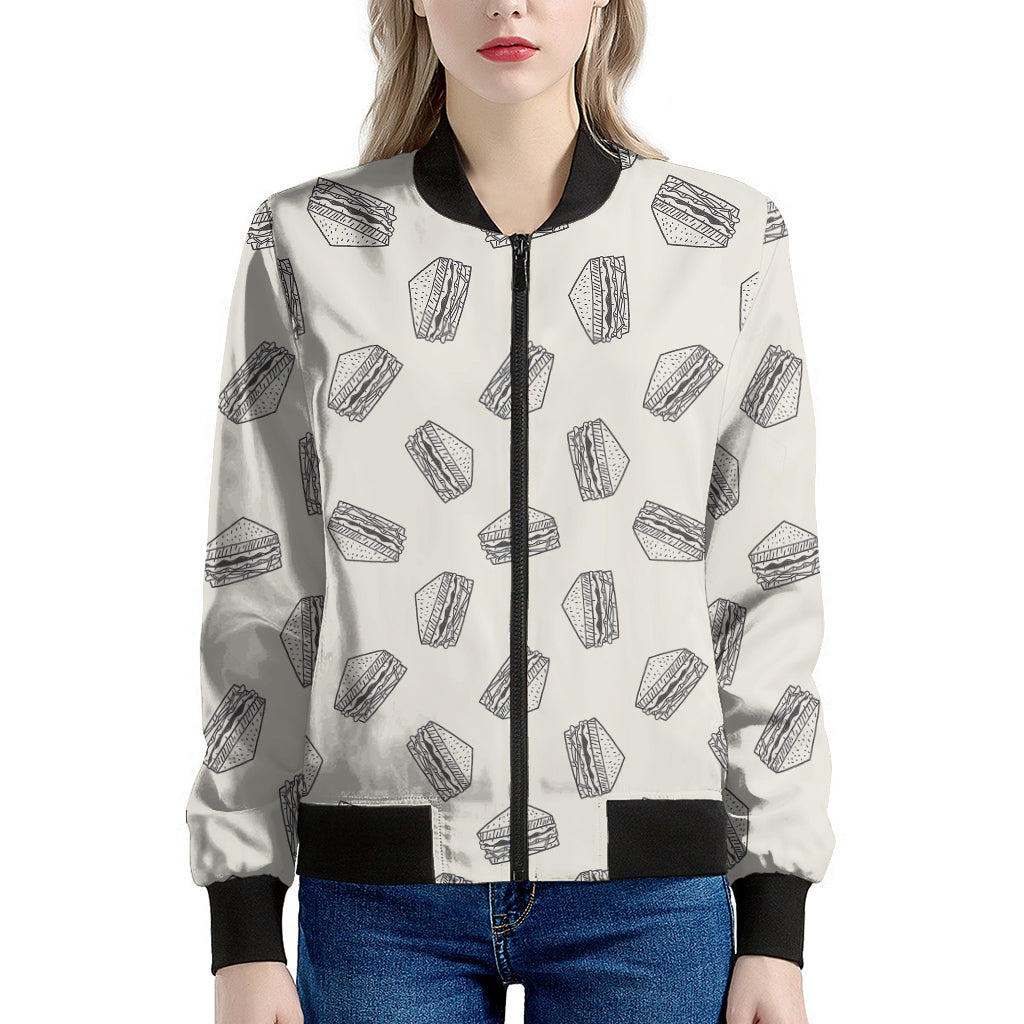 Grey Doodle Sandwich Pattern Print Women's Bomber Jacket