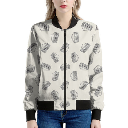 Grey Doodle Sandwich Pattern Print Women's Bomber Jacket