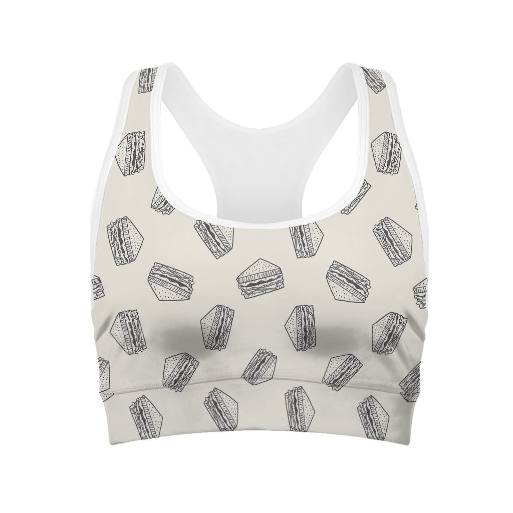 Grey Doodle Sandwich Pattern Print Women's Sports Bra