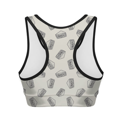 Grey Doodle Sandwich Pattern Print Women's Sports Bra