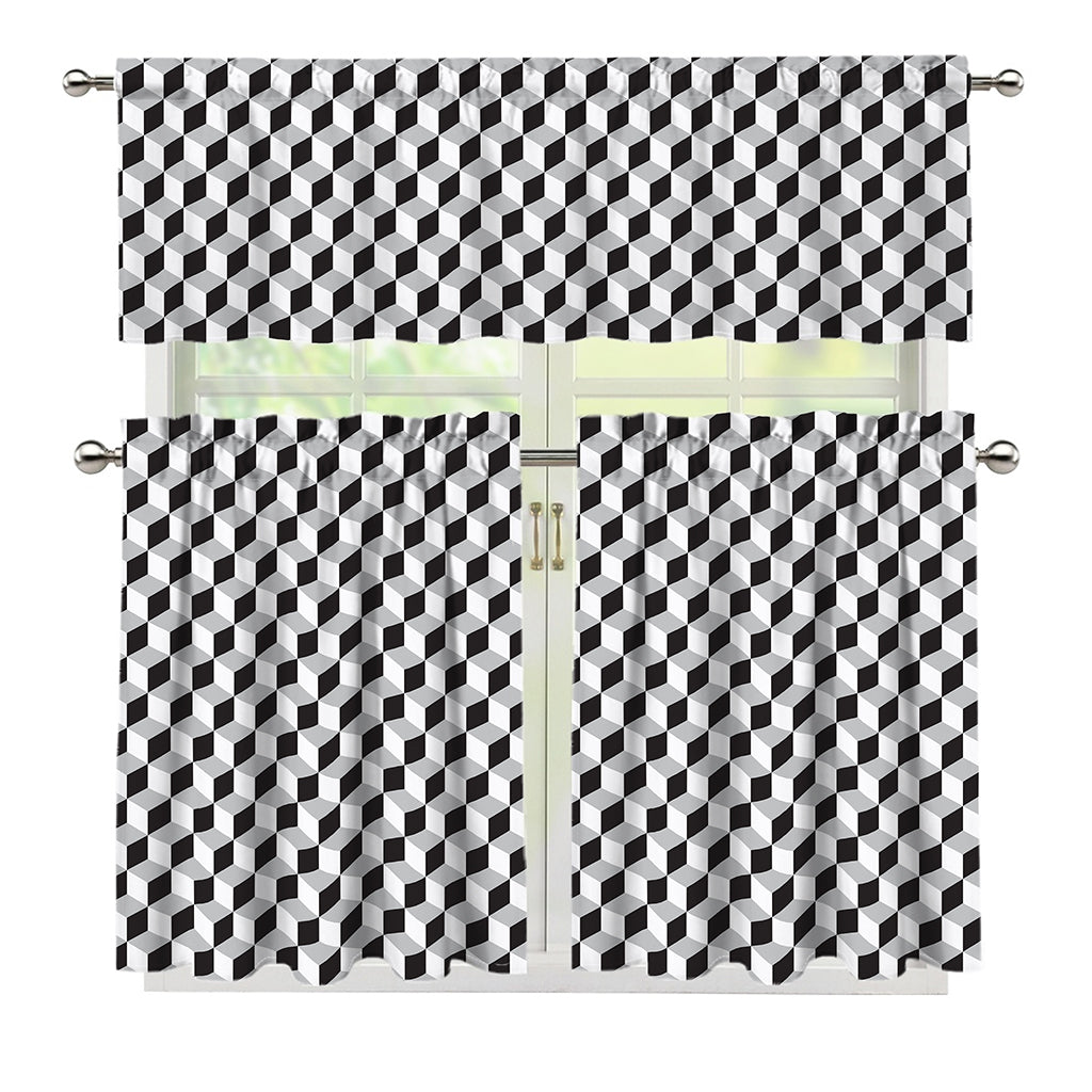 Grey Geometric Cube Shape Pattern Print 3 Piece Kitchen Curtains