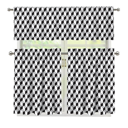 Grey Geometric Cube Shape Pattern Print 3 Piece Kitchen Curtains