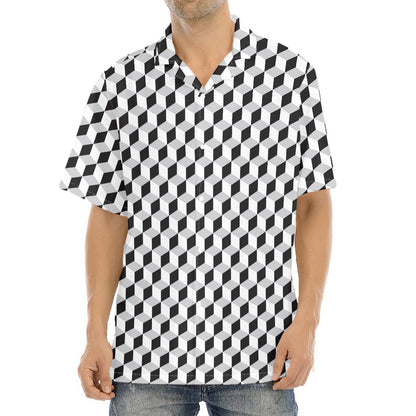Grey Geometric Cube Shape Pattern Print Aloha Shirt